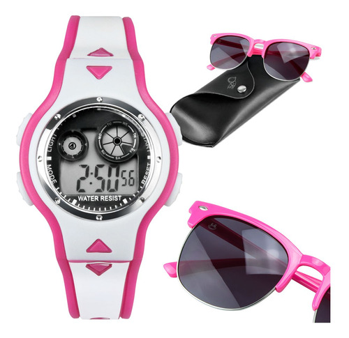 Relógio Digital Infantil Led Rosa + Óculos + Case Premium