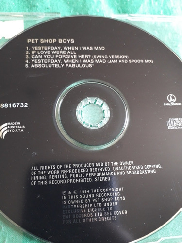 Pet Shop Boys -yesterday When I Was Mad Australian Single Cd (Usado)