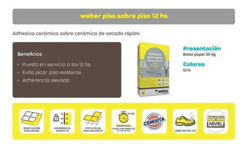 Imagen 3 de 7 de Weber Piso Sobre Piso 12 Hrs X 30kg Adhesivo Weber.col