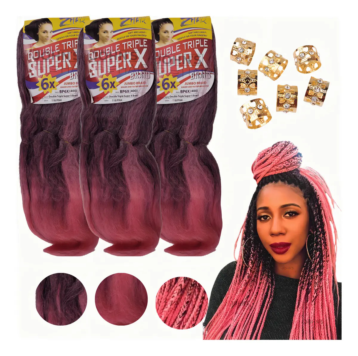 Kit 3 Pacotes Cabelo Jumbo Super X Kanekalon Box Braid 400gr Cor T1b/pink
