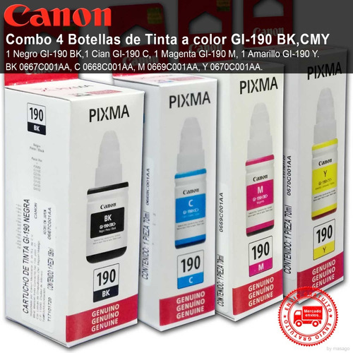 Imagen 2 de 7 de Combo 4 Botella Tinta Canon Gi 190 Negro Cian Magenta Amaril