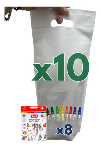 Kit 10 Tote Bag Friselina 20x40cm + 8 Marcadores Tela - Bolsa Blanca