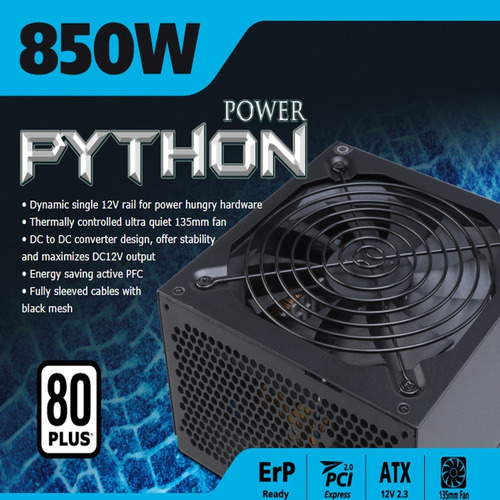 Fonte 850w Akasa Python Power - Pfc Ativo - Eficiência 85%
