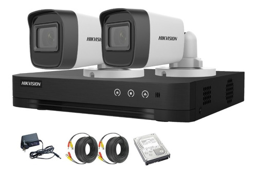 Kit 2 Camaras Seguridad Hikvision Exterior Dvr 4 Canales P2p + Disco + Accesorios De Instalacion