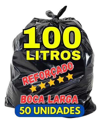 Saco De Lixo 100 Litros Reforçado Boca Larga 50 Unidades
