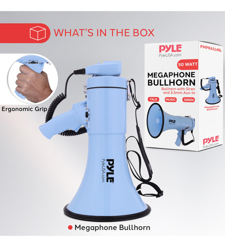 Megafone Pyle 50w Bullhorn Com Sirene, Entrada Auxiliar E Al