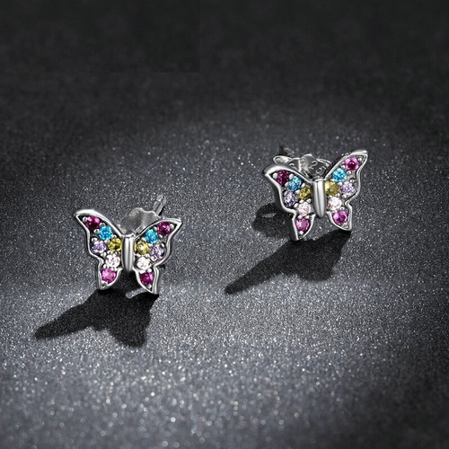 Aros De Plata 925 Con Circones Diseño Mariposa Multicolor