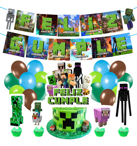 Minecraft Videojuego Set Globos+accesorios Feliz Cumpleaños Verde Minecraf El Video Juego