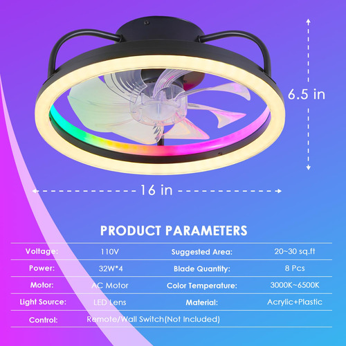 Ventilador De Techo Empotrado Regulable De 16 Pulgadas Led