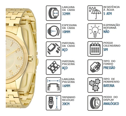 Relógio Technos Elegance Feminino Dourado 2115knj/4x Cor da correia Dourada