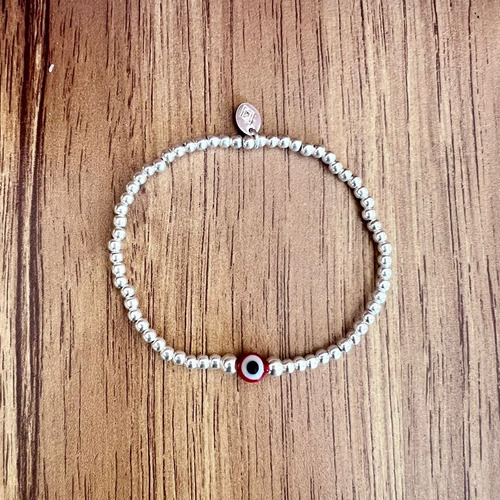 Imagen 3 de 9 de Pulsera Bolitas De Plata 925 Y Ojo Turco Amuleto Agálea