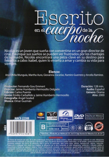 Escrito En El Cuerpo De La Noche Ofelia Murguia Pelicula Dvd