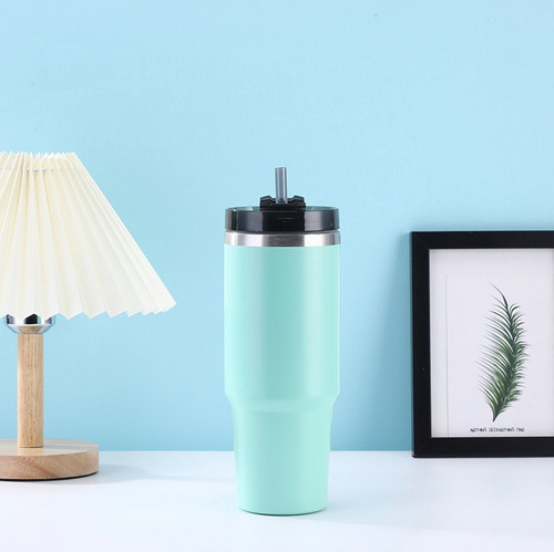 Termo Portátil De Acero Inoxidable Con Popote 30 Oz Color Verde Genérico