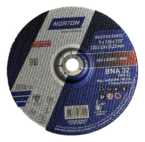 Disco De Corte Centro Deprimido Norton Acero 230x3x22,23 Mm Color Negro