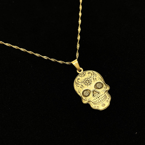 Cadena Y Dije Calavera Mexicana Oro 18k Amarillo 55 Cm