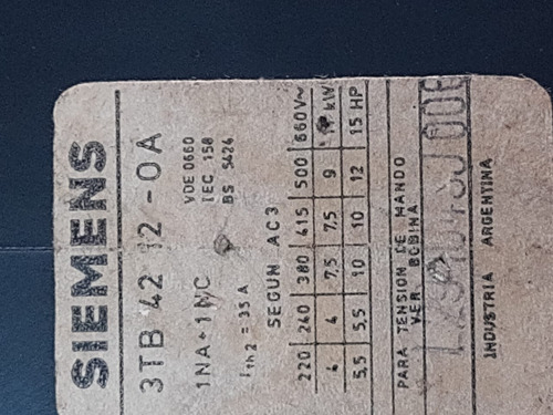 Contactor Siemens 3tb 42 12-oa De 35amp. Bobina 380v