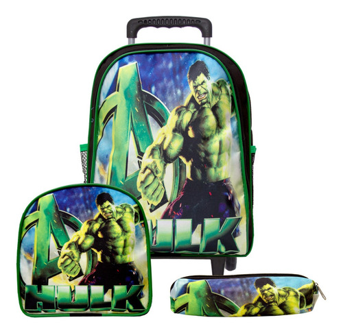 Mochila Escolar Incrível Hulk Rodinha Kit Lancheira+estojo