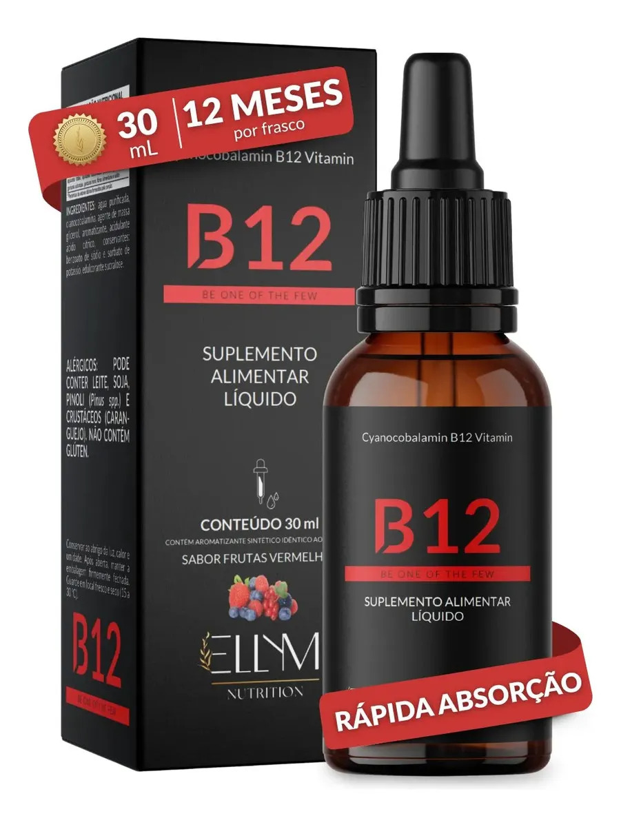 Vitamina B12 Sublingual Gotas 30ml Sabor Frutas Vermelhas Auxilia Funcionamento Sistema Imune Metabolismo Energético 413% Vd Liquida Drops Energia Foco Ellym Nutrition