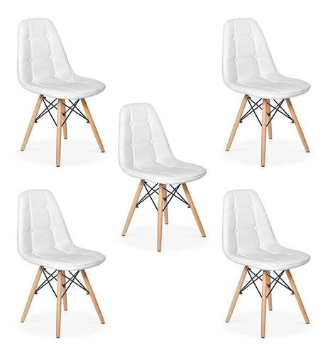 Conjunto 5 Cadeiras Dkr Charles Eames Wood Estofada Botonê Cor Branca