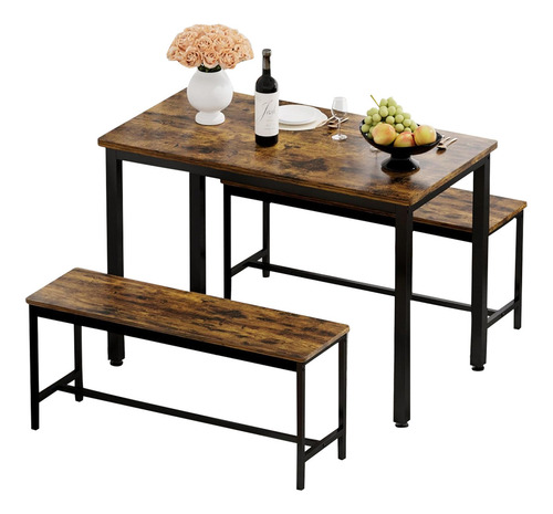 Juego Mesa De Comedor Rectangular Con 2 Bancos De 4 Personas