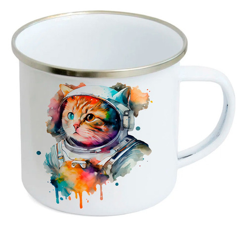 Caneca Inox Branco Gato Astronauta Desenho Colorido