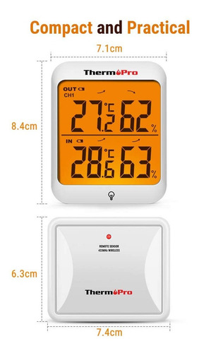 Imagen 2 de 10 de Termómetro Higrómetro Dual Interior Exterior Thermopro Tp-63
