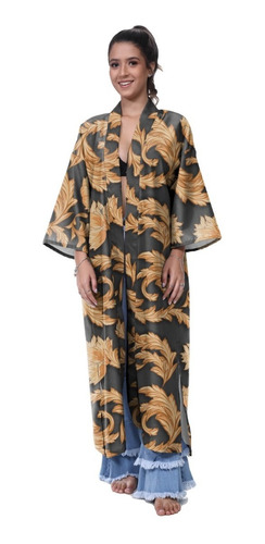 Imagem 1 de 4 de Kimono Haori Estampa Black Gold Floral Tropical Estilo Color