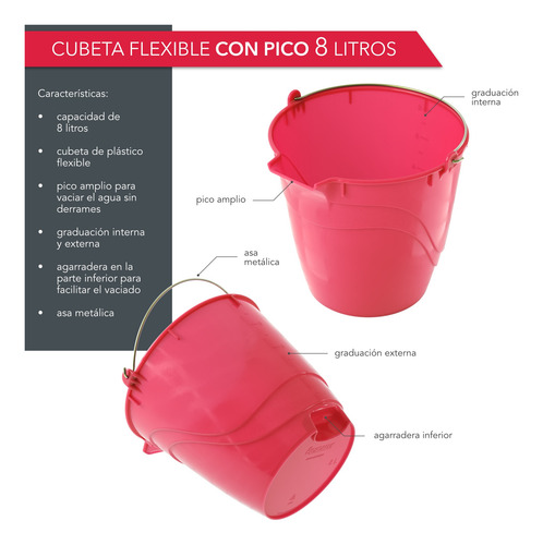 Cubetas De Plástico Flexible Con Pico | Pack 3 Cubetas 8 Lts Rojo
