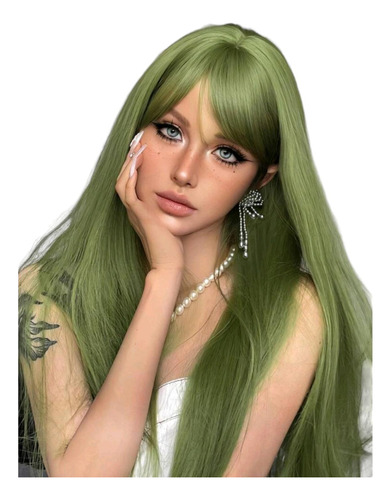 Peluca Verde Olivo Lisa Larga Con Fleco Y Raiz Cosplay