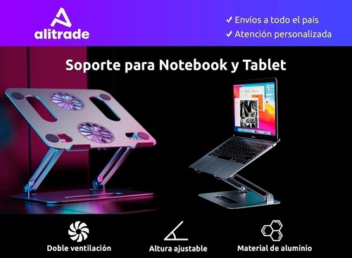 Imagen 2 de 10 de Soporte Notebook Tablet Aluminio Doble Ventilacion Regulable