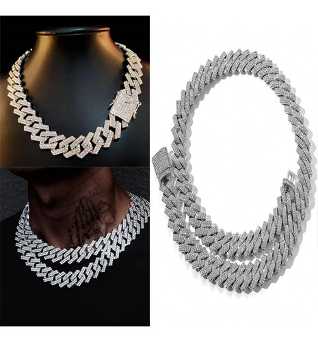 Collar Hombre Cadena Cubana Diamante Oro Plata 45cm