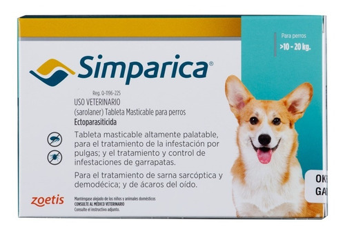 Pílula antiparasitária contra pulgas Zoetis Simparica Simparica para cães de 10 kg a 20 kg