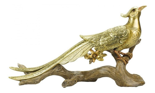Pavão Decorativo Dourado No Galho Animais De Resina 34 Cm