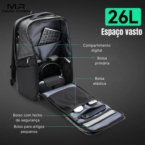 Mochila Premium Executiva Multifuncional Impermeável Compartimento Frontal Magnético Notebook 15.6 Com Usb Modelo Traveler Mark Ryden Cor Cinza Liso