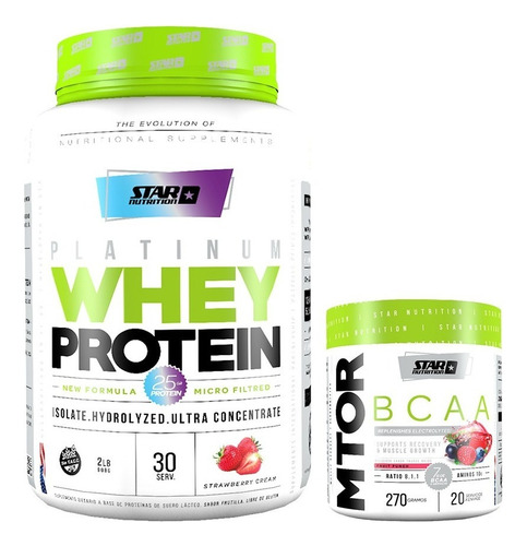 Proteina Whey Star Nutrition 2 Lb + Mtor 270 Gr Sabor Strawberry Cream + Fruit Punch