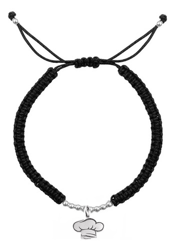 Pulsera Plata 0.925 Tejida Mano Hilo Negro Gorro De Chef