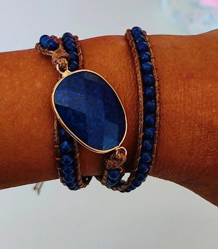 Pulseira 3 Voltas Pedra Natural Lápis Lázuli Artesanal Boho
