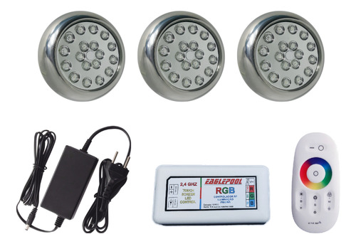 Kit Iluminação Piscina 3 Led Inox 18w Rgb + Fonte + Encaixe