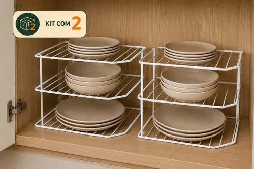 Kit 2 Organizador Pratos Armário Cozinha Suporte 3 Níveis