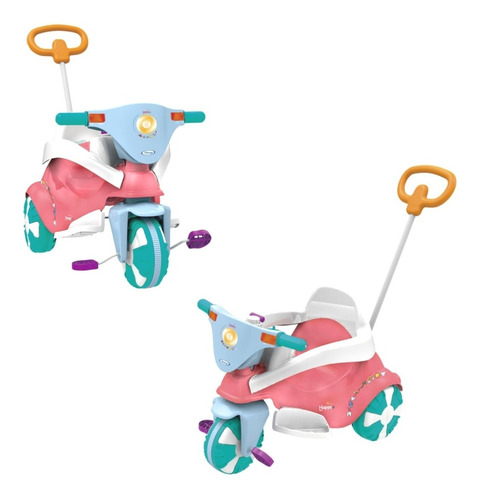 Triciclo Infantil Com Empurrador Happy Rosa 3 Em 1 Até 30 Kg