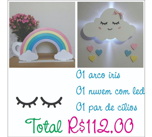 Kit 3 Peças: Aplique Nuvem Led Arco Iris  Decoração De Bebê 