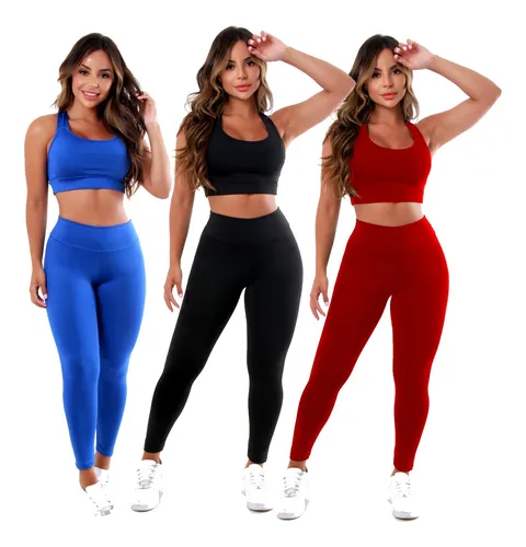 3 Conjunto Fitness Feminino Legging E Top Roupas P/ Academia