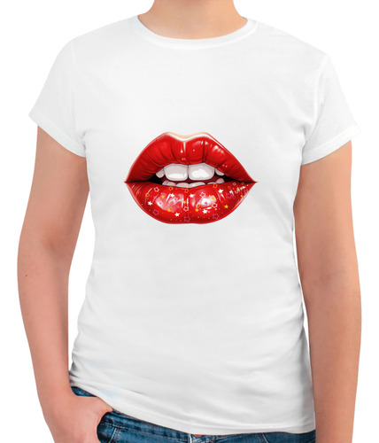 Camiseta De Mujer Moda Estampada  -labios Rojos