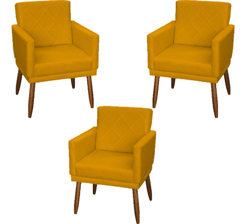 Kit 3 Poltronas Decorativas Para Recepção Consultório Cores Cor Mostarda Desenho Do Tecido Suede Liso
