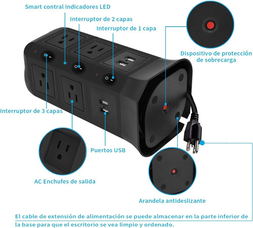 Regleta Multicontactos Hub De Alimentacion Con Usb De Torre