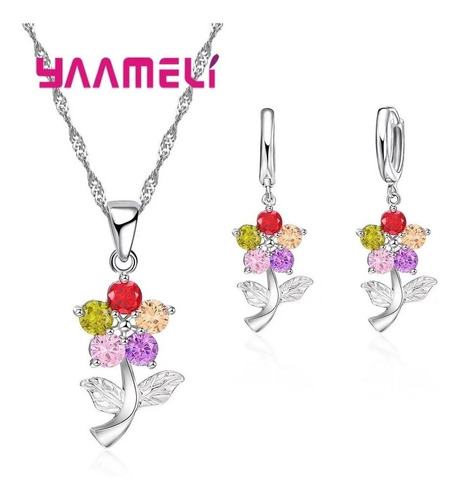 Juego Flor Baño Plata 925 Collar+dije+pendientes