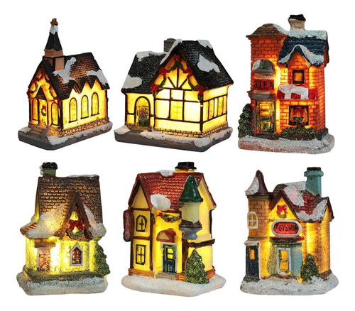 Casa En Miniatura Con Luz Led, Decoración Navideña, 6 Piezas