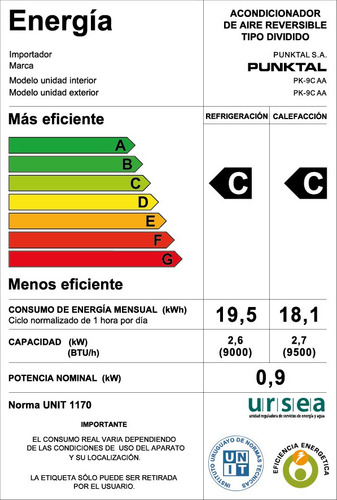 Imagen 2 de 5 de Aire Punktal Pk-9c Aa 9000 Btu Frio/calor Kirkor
