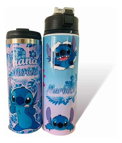 Termo + Cilindro Para Agua, Stitch Tierno, Azul Y Roa