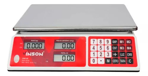 Vinson VINS-40 báscula de mostrador 40 kg / 5 g. Pesa en kilogramos y  libras. Función de conteo de piezas, suma de productos pesados y cálculo de